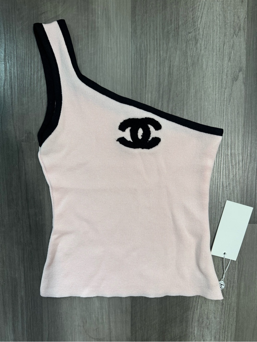 C C One-Shoulder Pink Knit Tank with Black Trim and CC Logo